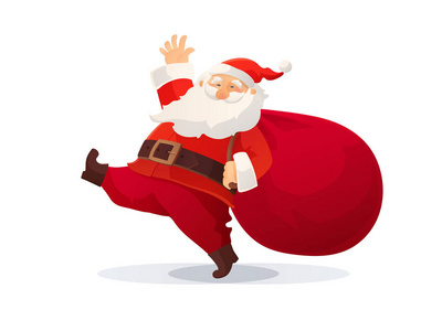 圣诞节矢量插图。滑稽的卡通圣诞老人与巨大的红色包带礼物