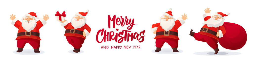 一组卡通圣诞插图在白色隔离。滑稽的圣诞老人字符与礼物, 袋子与礼物, 挥动和问候