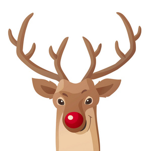 卡通圣诞插画。滑稽的鲁道夫红鼻子驯鹿被隔离在白色。矢量