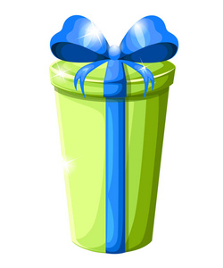 带蓝色蝴蝶结的高圆礼品盒。 绿色圣诞容器。 在白色背景上隔离的矢量插图。 网页及移动应用程序设计