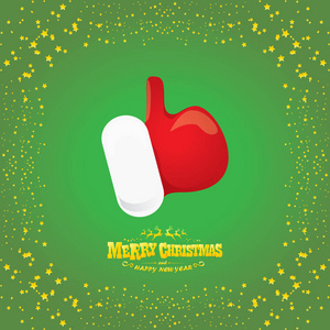 矢量时髦的卡通圣诞老人像手的图标孤立在绿色背景与明星。竖起大拇指圣诞老人手的符号。圣诞贺卡或派对海报