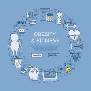 网页设计模板与不同的肥胖和健身和图标。 独特的设计理念，肥胖问题网站。 网站布局。