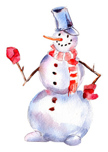 手绘老式雪人水彩圣诞插图孤立在白色背景上。