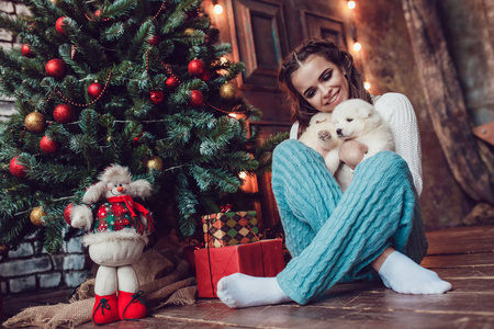 美丽的女人与可爱的小狗坐在圣诞树附近。新年