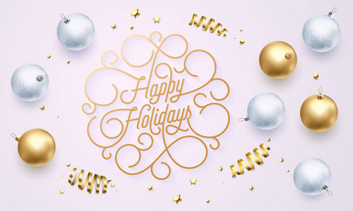 快乐假日蓬勃发展的金色书法刻字的花线金色版式圣诞贺卡设计。矢量节日金色装饰和新年文本黑色背景