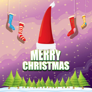 矢量圣诞贺卡带红色圣诞老人, 圣诞树, 雪, 夜空繁星, 冬日雪景和问候语。矢量圣诞背景或横幅