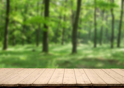 木制甲板桌与森林