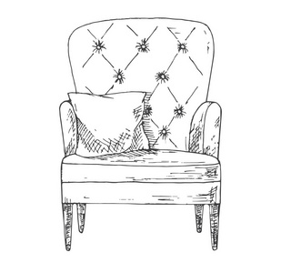 手拉着一个枕头柔软的椅子。草图样式中的矢量插图