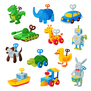 发条玩具关键矢量机械游戏室玩具店机制儿童动物时钟工作车, 火车, 机器人插图隔离白色背景
