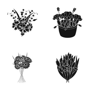 一束鲜花黑色的图标集为设计集合。各种花束矢量符号股票网页插图