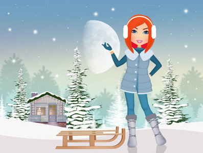 冬天有雪橇的女孩的插图