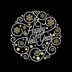 新年快乐贺卡设计的白色背景的书法刻字和金色雪花图案。矢量金色圣诞花花假日文字装饰