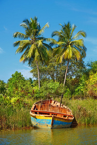 热带河流岸边的渔船。