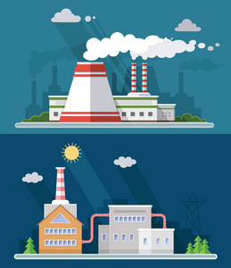 设置矢量蓝色工厂污染图标绘制简单的线艺术信息图形, 介绍与核电厂, 烟雾, 环境和能源元素周围的促销模板, 平面风格插图