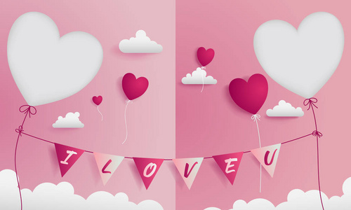 情人节贺卡有两个模切在左边和右边为一对甜蜜的夫妇。卡片包含旗帜代表我爱你挂在红色的绳子和心气球在云中流动。