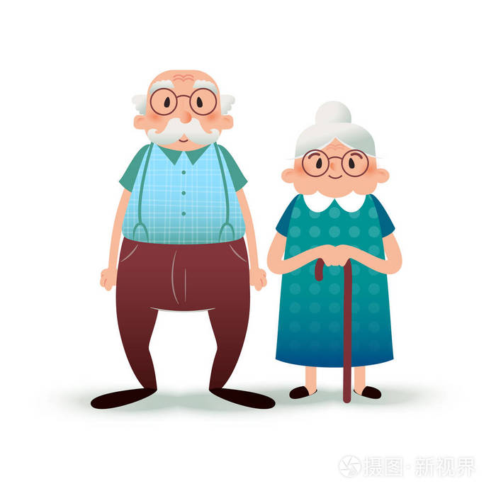 快乐动画片前辈夫妇.屁股扁平的字符.老人和老太太.