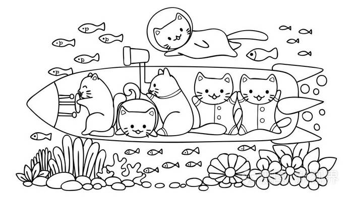 手绘可爱的猫在水下世界海底测量,为儿童设计元素和着色书籍页.矢量图