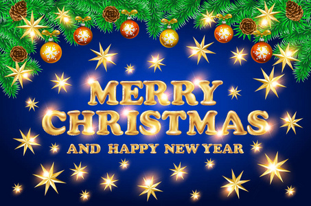 圣诞刻字与金色的星星。圣诞快乐, 新年金星。带有版式卡片树的蓝色背景。矢量插图