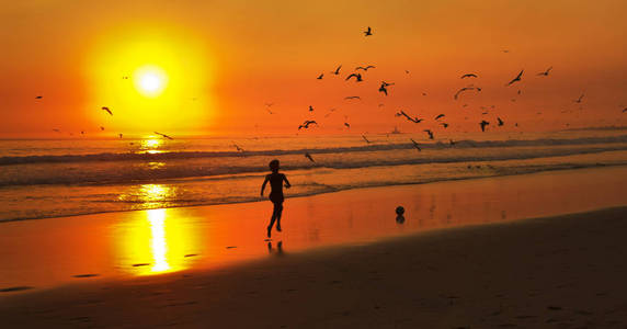 在海滩上奔跑的孩子与橙色日落和海鸥