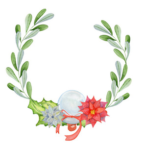 圣诞快乐水彩花环与花卉冬季元素。新年贺卡, 海报。花云杉树枝和槲寄生树枝