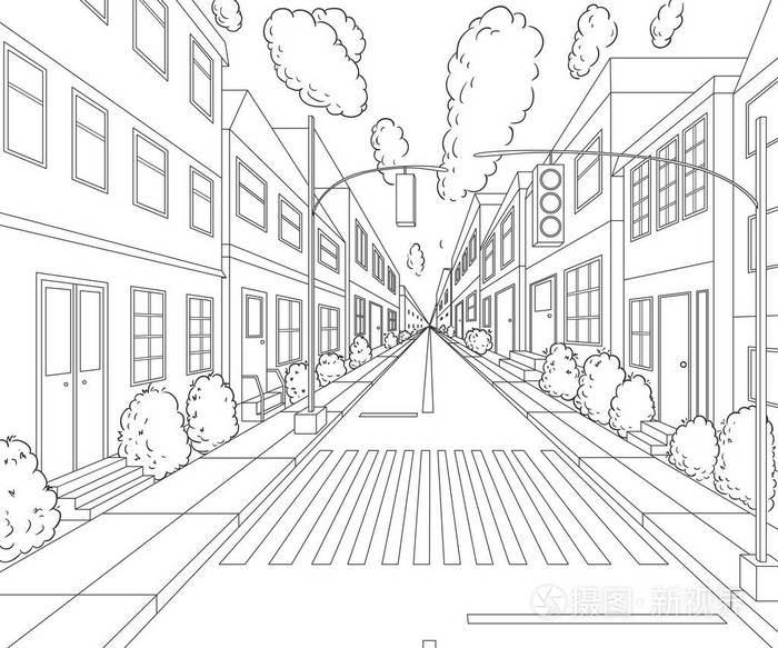 城市街道有建筑物交通灯人行横道和交通标志素描风格的城市景观背景
