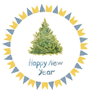 新的一年树和旗子绿色, 蓝色和红色绘了 watercolo