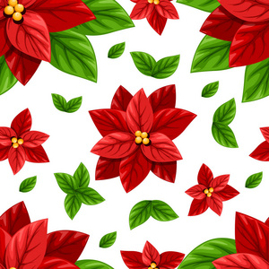 美丽的红色一品红花和绿叶圣诞装饰无缝矢量插图隔离在白色背景上，为您的文本网站页面和移动应用程序设计。