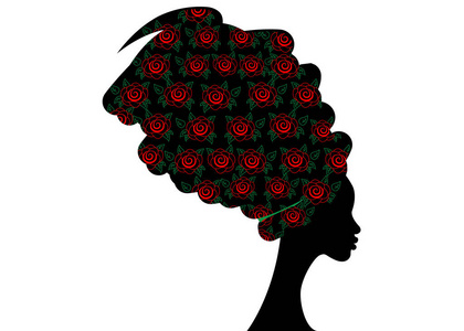 肖像美丽的非洲妇女在传统的头巾, 肯特头裹非洲, 传统 dashiki 印刷, 黑人女性矢量剪影孤立, 发型概念