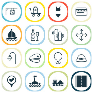 旅游图标设置与帆船, 在传送带上的行李, 沐浴服装和其他银行卡元素。孤立矢量插图旅行图标