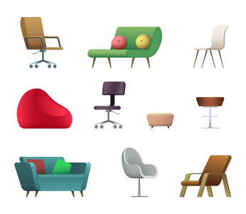 椅子和沙发的设计收藏。矢量插图