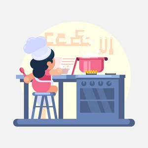愉快的小滑稽的女孩厨师厨师帮助烹调在厨房研究一本食谱矢量彩色插图在平面样式图