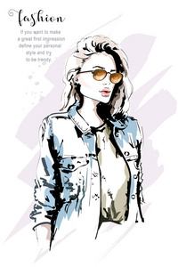 手绘漂亮时尚的女人戴太阳镜和牛仔裤夹克。 时尚女性肖像。 素描。 矢量图。