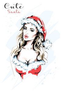 手绘可爱的女人戴着圣诞老人的红色帽子。 美丽的年轻女子肖像。 素描。 矢量图。
