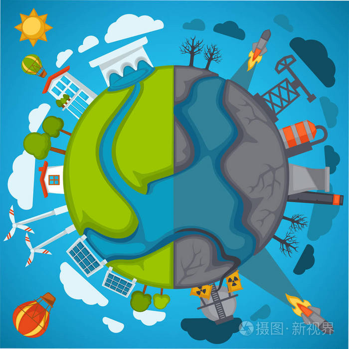 插画 绿色生态星球与环境污染矢量海报.