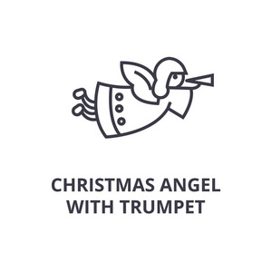 圣诞节天使与喇叭线图标, 轮廓符号, 线性符号, 矢量, 平面插图