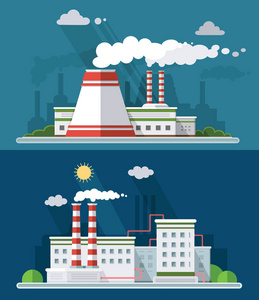 设置矢量蓝色工厂污染图标绘制简单的线艺术信息图形, 介绍与核电厂, 烟雾, 环境和能源元素周围的促销模板, 平面风格插图