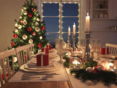 北欧的厨房里有圣诞装饰之夜。3d 渲染