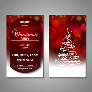 一套程式化的圣诞树邀请，传单，销售，不满卡模板。圣诞快乐装饰背景。用于互联网网站礼品卡传单演示文稿。正面，背面