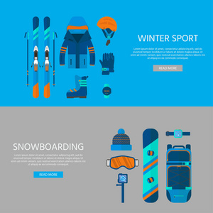 冬季运动图标收藏。平面设计中网站概念的滑雪和滑板设备。滑雪场图片山地活动矢量插图元素