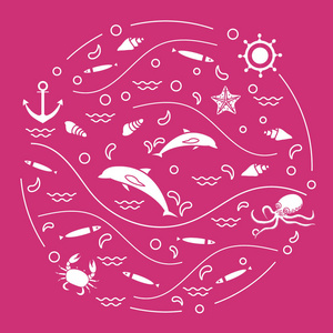 可爱的矢量图和海豚，章鱼，鱼，锚，h