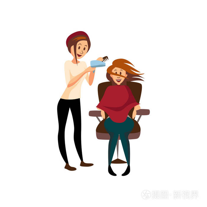 理发师妇女干燥头发为她的客户与梳子和吹风机, 职业发型师在工作场所