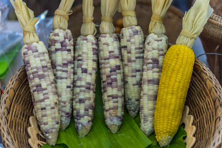 泰国街食品市场出售的煮玉米