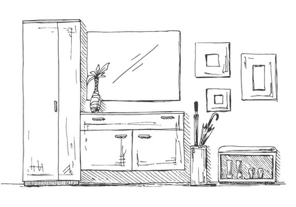 走廊里的家具抽屉柜, 衣柜, 衣架, 镜子和装饰。草图样式中的矢量插图