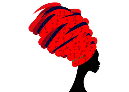 肖像美丽的非洲妇女在传统的头巾, 肯特头裹非洲, 传统 dashiki 印刷, 黑人女性矢量剪影孤立或米色背景, 发型概念
