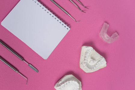 在粉红色的表面是牙科仪器, 石膏铸造的牙齿, 记事本