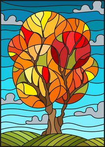 彩色玻璃风格的插图在天空背景下的秋天树与云