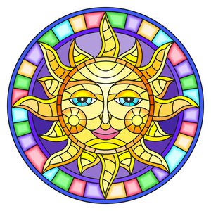 插画风格的彩绘玻璃窗与抽象太阳明亮的框架，圆图像中