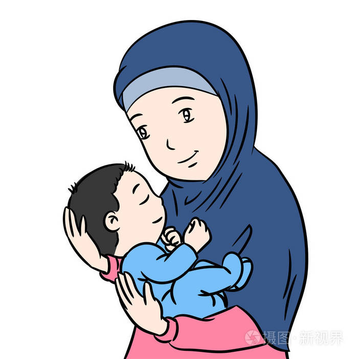 穆斯林母亲和儿子孤立卡通-矢量插图