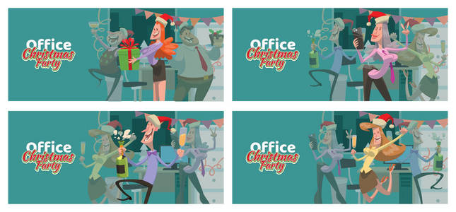 一组卡片 办公室圣诞节党 与妇女和人