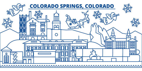 美国, 科罗拉多, 科罗拉多泉的冬季城市天际线。圣诞快乐, 新年装饰横幅。冬天贺卡与雪和圣诞老人. 平面线向量。线形圣诞插画
